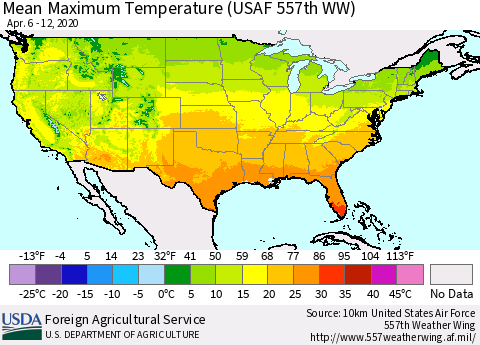 United States Maximum Temperature (USAF 557th WW) Thematic Map For 4/6/2020 - 4/12/2020