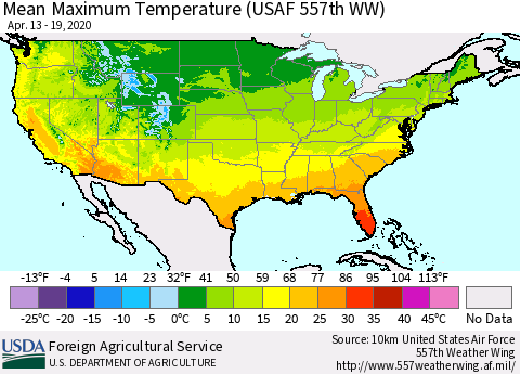 United States Maximum Temperature (USAF 557th WW) Thematic Map For 4/13/2020 - 4/19/2020