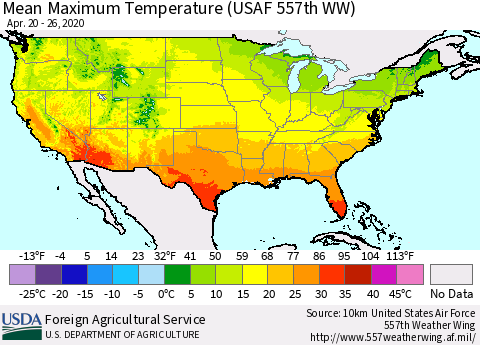 United States Maximum Temperature (USAF 557th WW) Thematic Map For 4/20/2020 - 4/26/2020