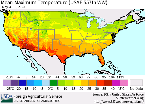 United States Maximum Temperature (USAF 557th WW) Thematic Map For 5/4/2020 - 5/10/2020