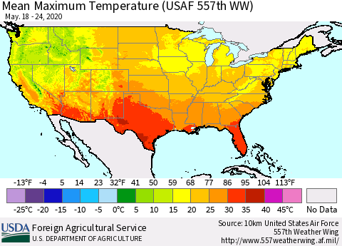 United States Mean Maximum Temperature (USAF 557th WW) Thematic Map For 5/18/2020 - 5/24/2020