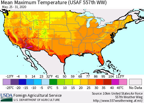 United States Maximum Temperature (USAF 557th WW) Thematic Map For 5/25/2020 - 5/31/2020