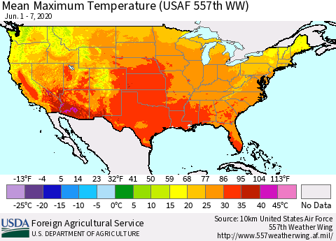 United States Maximum Temperature (USAF 557th WW) Thematic Map For 6/1/2020 - 6/7/2020
