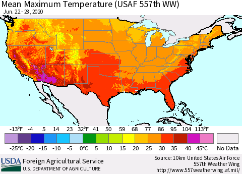 United States Maximum Temperature (USAF 557th WW) Thematic Map For 6/22/2020 - 6/28/2020