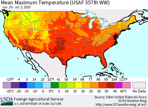 United States Maximum Temperature (USAF 557th WW) Thematic Map For 6/29/2020 - 7/5/2020