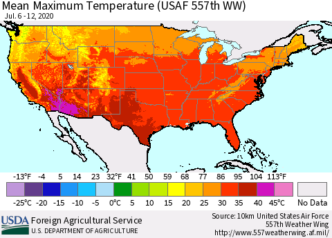 United States Maximum Temperature (USAF 557th WW) Thematic Map For 7/6/2020 - 7/12/2020