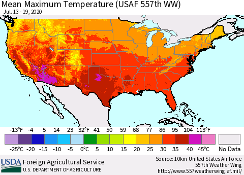 United States Maximum Temperature (USAF 557th WW) Thematic Map For 7/13/2020 - 7/19/2020