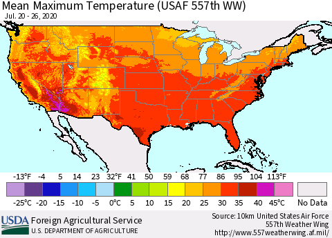 United States Maximum Temperature (USAF 557th WW) Thematic Map For 7/20/2020 - 7/26/2020