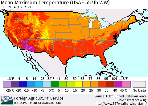 United States Maximum Temperature (USAF 557th WW) Thematic Map For 7/27/2020 - 8/2/2020