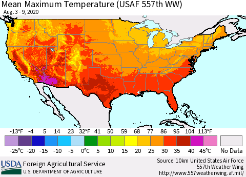 United States Maximum Temperature (USAF 557th WW) Thematic Map For 8/3/2020 - 8/9/2020