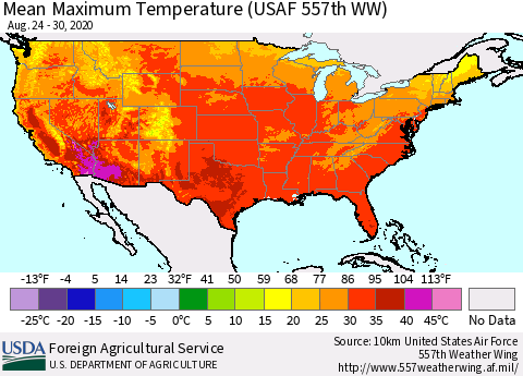 United States Maximum Temperature (USAF 557th WW) Thematic Map For 8/24/2020 - 8/30/2020
