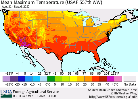 United States Maximum Temperature (USAF 557th WW) Thematic Map For 8/31/2020 - 9/6/2020