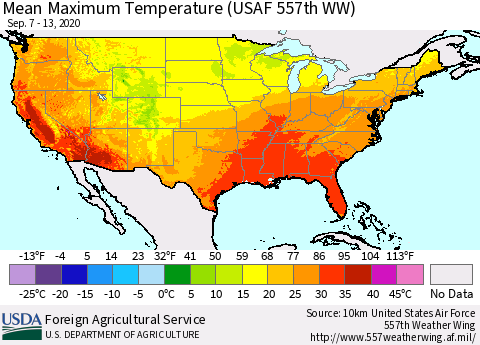 United States Maximum Temperature (USAF 557th WW) Thematic Map For 9/7/2020 - 9/13/2020