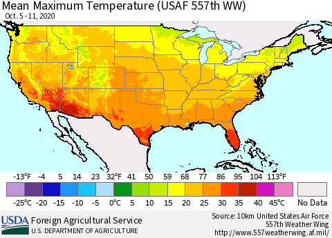 United States Maximum Temperature (USAF 557th WW) Thematic Map For 10/5/2020 - 10/11/2020