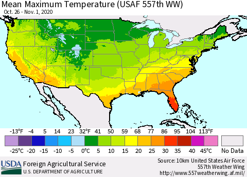 United States Maximum Temperature (USAF 557th WW) Thematic Map For 10/26/2020 - 11/1/2020