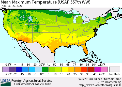 United States Maximum Temperature (USAF 557th WW) Thematic Map For 11/16/2020 - 11/22/2020