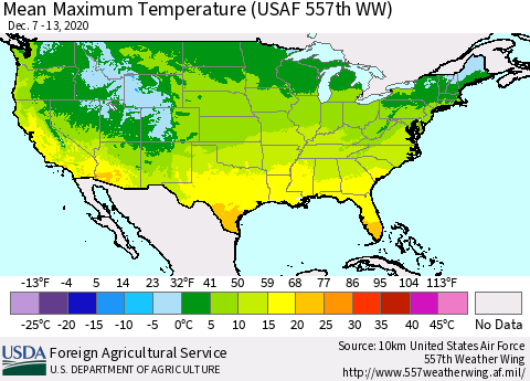 United States Maximum Temperature (USAF 557th WW) Thematic Map For 12/7/2020 - 12/13/2020