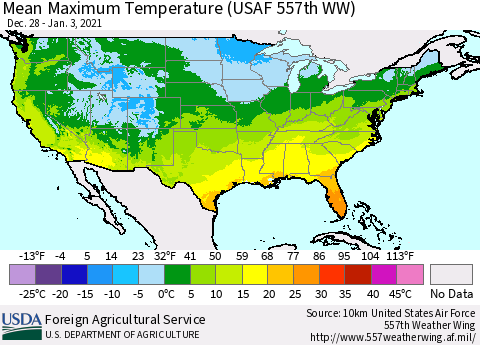 United States Maximum Temperature (USAF 557th WW) Thematic Map For 12/28/2020 - 1/3/2021