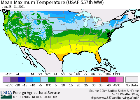 United States Maximum Temperature (USAF 557th WW) Thematic Map For 1/25/2021 - 1/31/2021