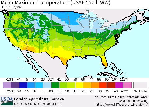 United States Maximum Temperature (USAF 557th WW) Thematic Map For 2/1/2021 - 2/7/2021