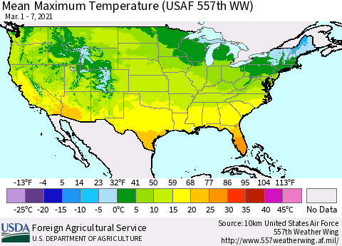 United States Mean Maximum Temperature (USAF 557th WW) Thematic Map For 3/1/2021 - 3/7/2021