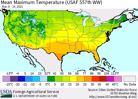 United States Maximum Temperature (USAF 557th WW) Thematic Map For 3/8/2021 - 3/14/2021
