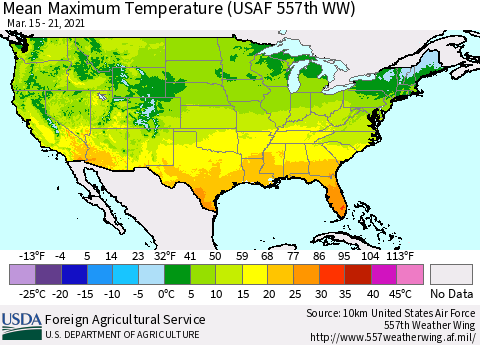 United States Maximum Temperature (USAF 557th WW) Thematic Map For 3/15/2021 - 3/21/2021