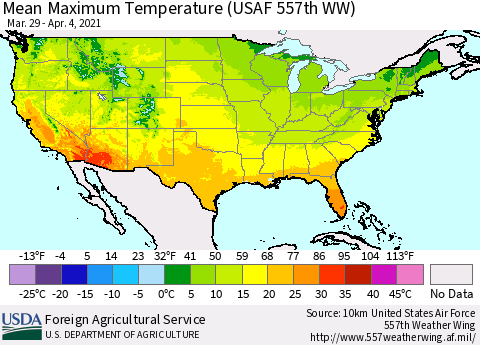 United States Mean Maximum Temperature (USAF 557th WW) Thematic Map For 3/29/2021 - 4/4/2021