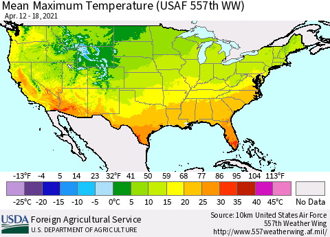 United States Mean Maximum Temperature (USAF 557th WW) Thematic Map For 4/12/2021 - 4/18/2021
