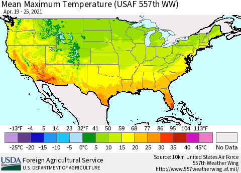 United States Maximum Temperature (USAF 557th WW) Thematic Map For 4/19/2021 - 4/25/2021