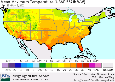 United States Mean Maximum Temperature (USAF 557th WW) Thematic Map For 4/26/2021 - 5/2/2021