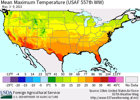United States Mean Maximum Temperature (USAF 557th WW) Thematic Map For 5/3/2021 - 5/9/2021