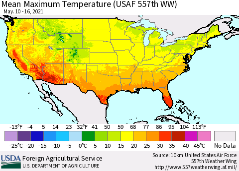 United States Maximum Temperature (USAF 557th WW) Thematic Map For 5/10/2021 - 5/16/2021