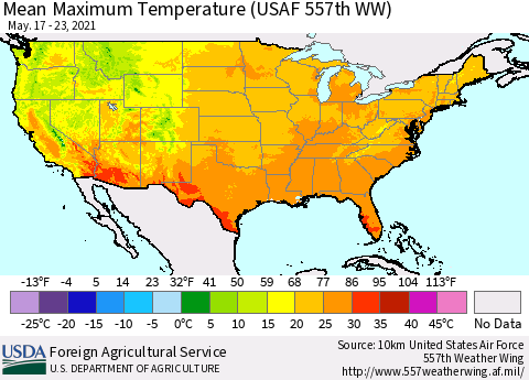 United States Maximum Temperature (USAF 557th WW) Thematic Map For 5/17/2021 - 5/23/2021