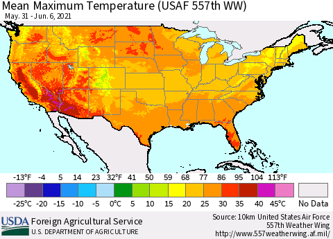 United States Maximum Temperature (USAF 557th WW) Thematic Map For 5/31/2021 - 6/6/2021