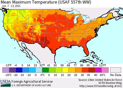 United States Mean Maximum Temperature (USAF 557th WW) Thematic Map For 6/7/2021 - 6/13/2021