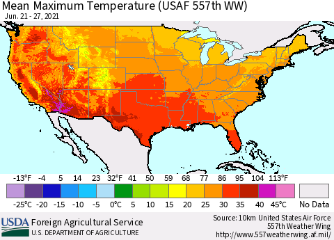 United States Maximum Temperature (USAF 557th WW) Thematic Map For 6/21/2021 - 6/27/2021