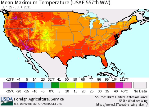 United States Maximum Temperature (USAF 557th WW) Thematic Map For 6/28/2021 - 7/4/2021