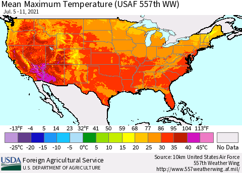 United States Maximum Temperature (USAF 557th WW) Thematic Map For 7/5/2021 - 7/11/2021