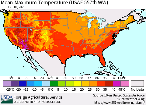 United States Maximum Temperature (USAF 557th WW) Thematic Map For 7/12/2021 - 7/18/2021