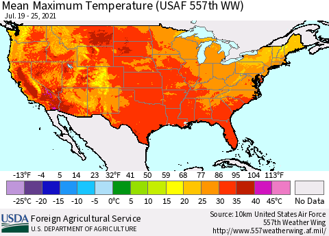 United States Mean Maximum Temperature (USAF 557th WW) Thematic Map For 7/19/2021 - 7/25/2021