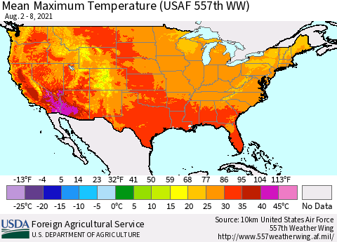 United States Maximum Temperature (USAF 557th WW) Thematic Map For 8/2/2021 - 8/8/2021