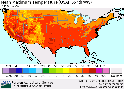 United States Maximum Temperature (USAF 557th WW) Thematic Map For 8/9/2021 - 8/15/2021