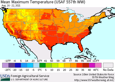 United States Maximum Temperature (USAF 557th WW) Thematic Map For 8/16/2021 - 8/22/2021