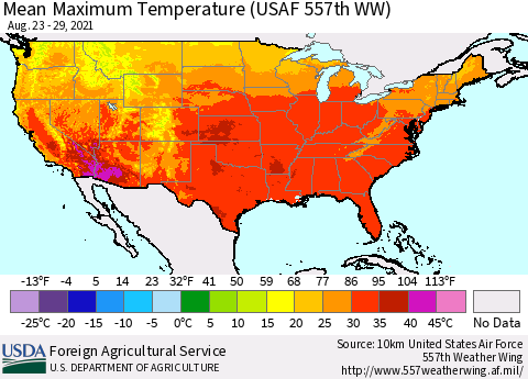 United States Maximum Temperature (USAF 557th WW) Thematic Map For 8/23/2021 - 8/29/2021