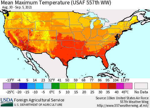 United States Maximum Temperature (USAF 557th WW) Thematic Map For 8/30/2021 - 9/5/2021