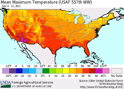 United States Maximum Temperature (USAF 557th WW) Thematic Map For 9/6/2021 - 9/12/2021