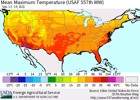 United States Mean Maximum Temperature (USAF 557th WW) Thematic Map For 9/13/2021 - 9/19/2021