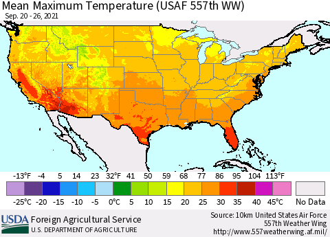 United States Maximum Temperature (USAF 557th WW) Thematic Map For 9/20/2021 - 9/26/2021