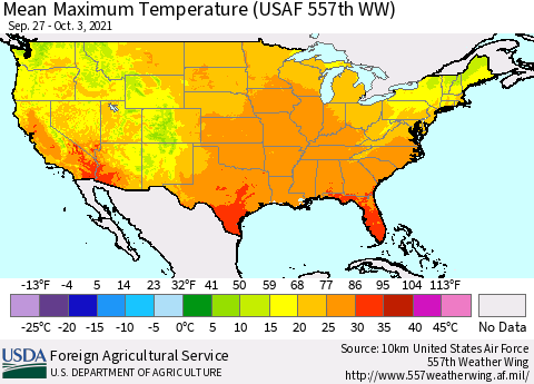 United States Maximum Temperature (USAF 557th WW) Thematic Map For 9/27/2021 - 10/3/2021